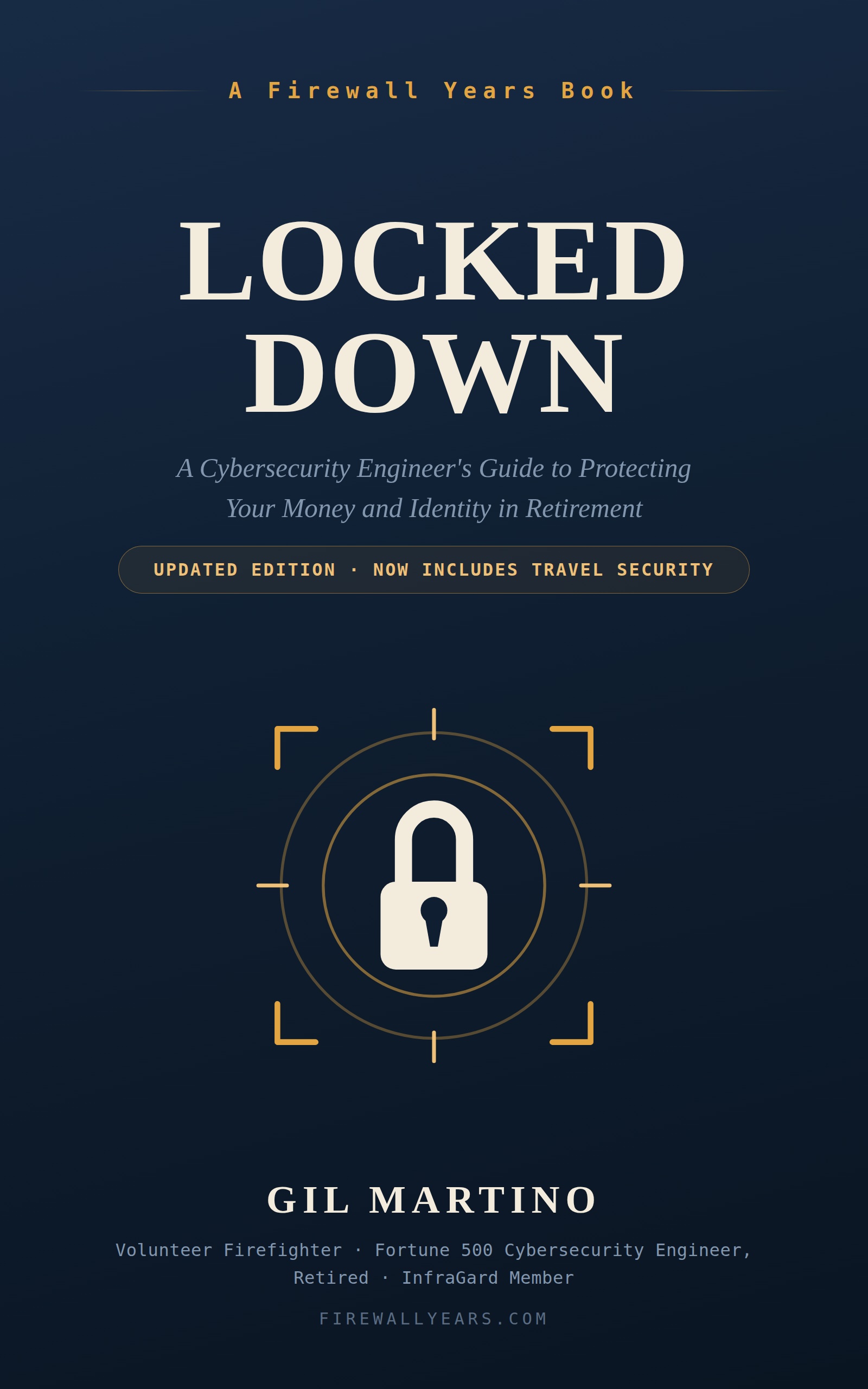 Locked Down book cover — navy background with a corner-bracket compass emblem around a padlock